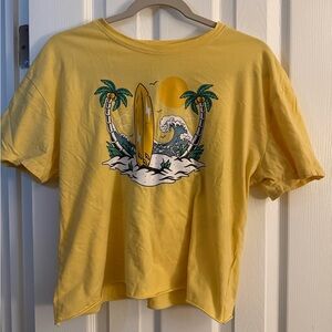 Yellow "Just One Last Wave" Skeleton surfing Graphic cropped tee